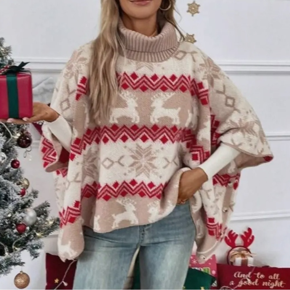Cozy Reindeer Pattern Sweater Poncho - Red and Cream